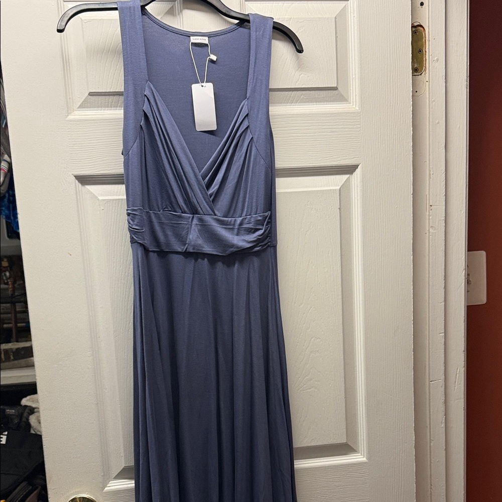 Sleeveless Blue Wrap-Style Midi Dress